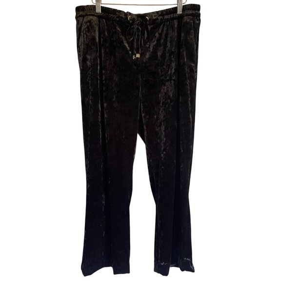 Calvin Klein Size 14 Black Velvet Straight Leg Pants Drawstring Waistband Pocket - Picture 1 of 7